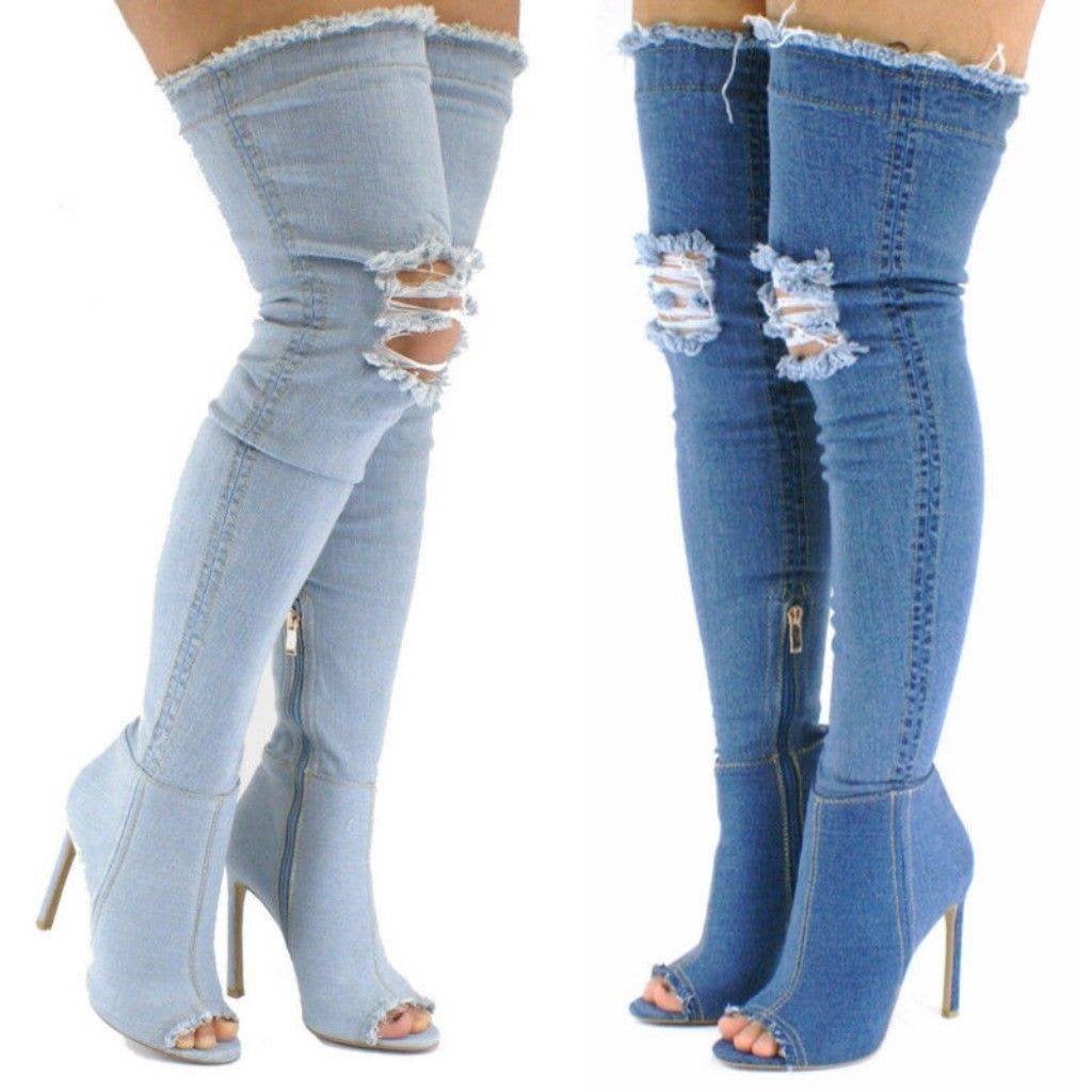 Overknee denim laarzen (knie hoge hakken spijker stiletto), Verzenden, Nieuw, Blauw, Hoge laarzen