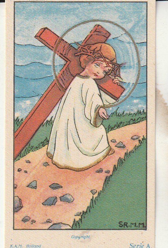 Vintage prent: Christuskind met kruis, Ophalen of Verzenden, Gebruikt, Kaart of Prent, Christendom | Katholiek