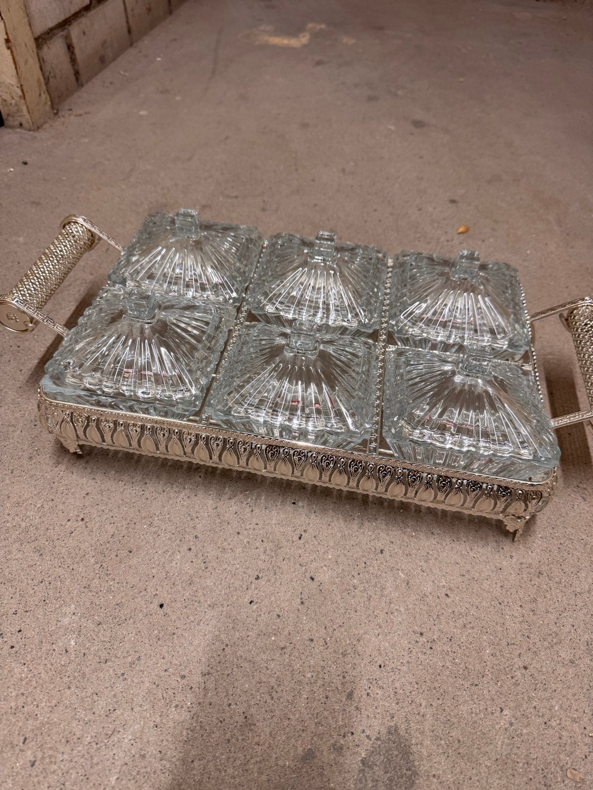 Decoratieve serveerschaal met 6 glazen bakjes, Ophalen of Verzenden
