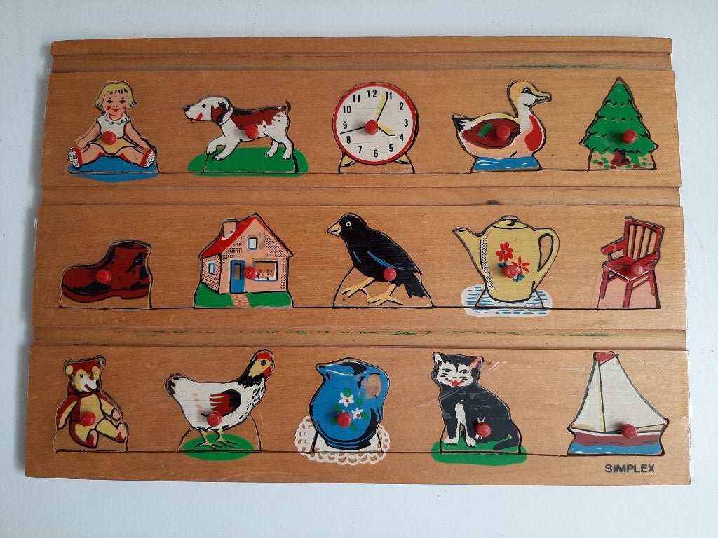 Vintage Simplex Houten Insteekpuzzel met Knopjes, 2 tot 4 jaar, Gebruikt, 10 tot 50 stukjes, Ophalen of Verzenden