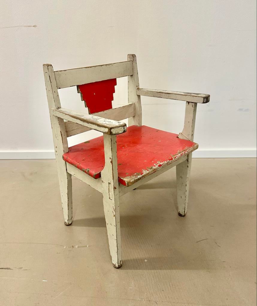 Vintage Art Deco Kinderstoeltje Jaren '30 - Rood/Wit, Antiek en Kunst, Antiek | Meubels | Stoelen en Banken, Ophalen of Verzenden