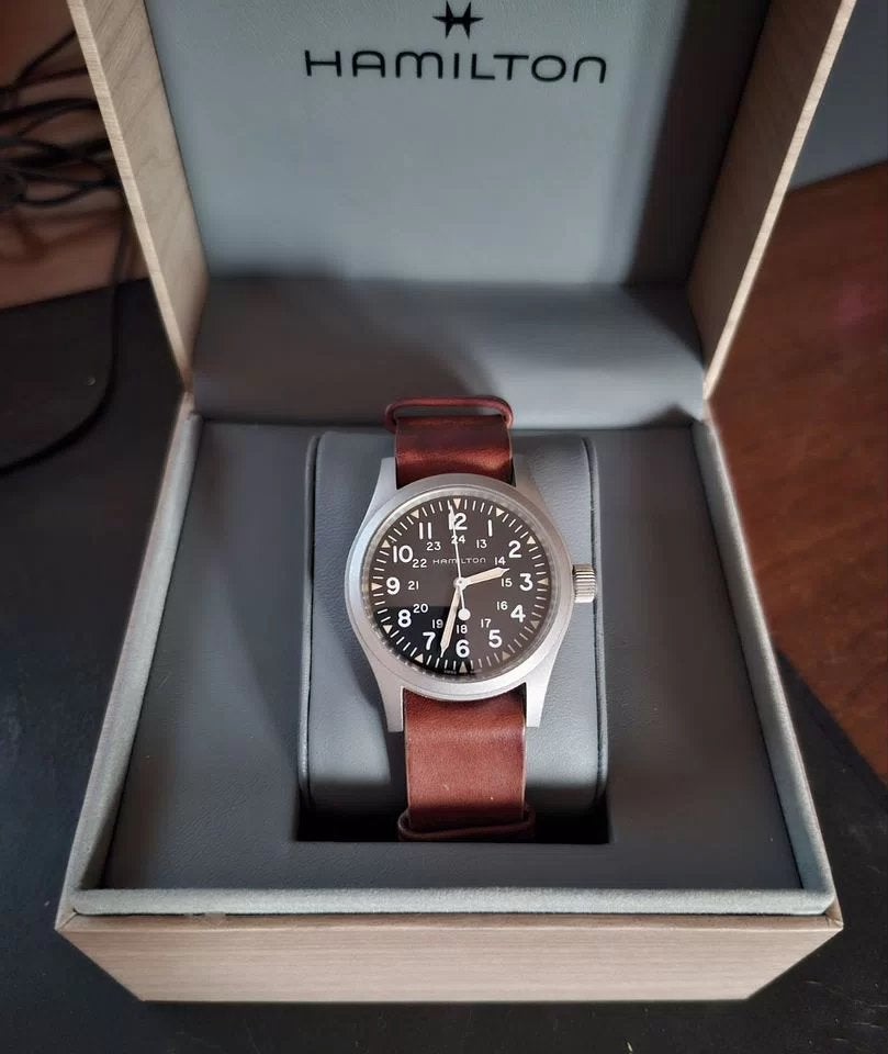 Hamilton Khaki Field Mechanical, Sieraden, Tassen en Uiterlijk, Horloges | Heren, Ophalen of Verzenden, Zo goed als nieuw, Leer