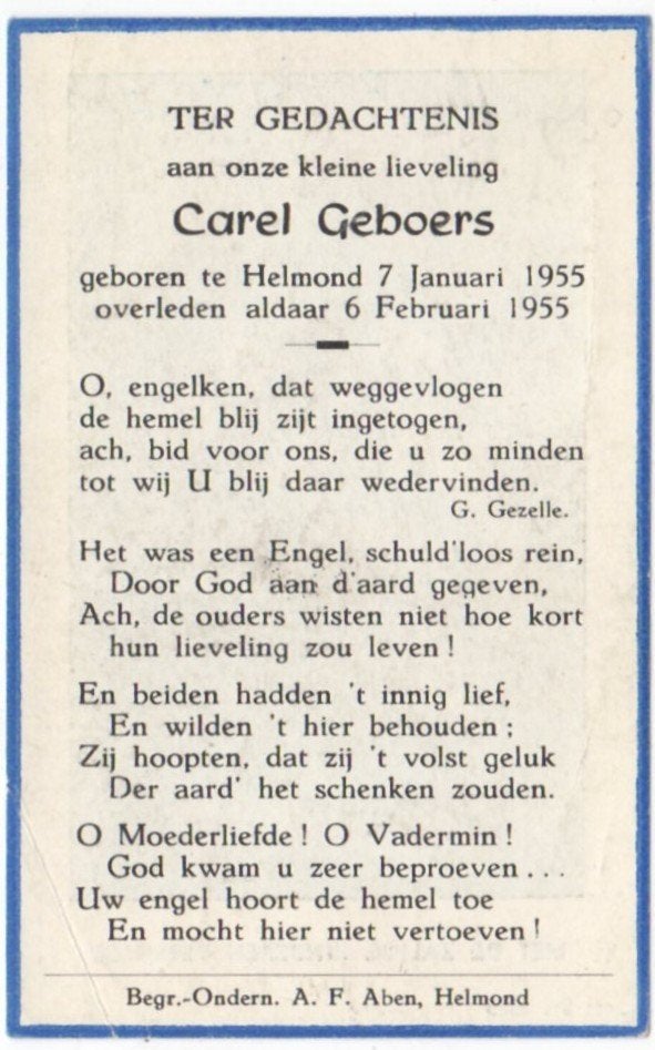 Carel Geboers 1955 Helmond, 4 weken oud, Verzenden