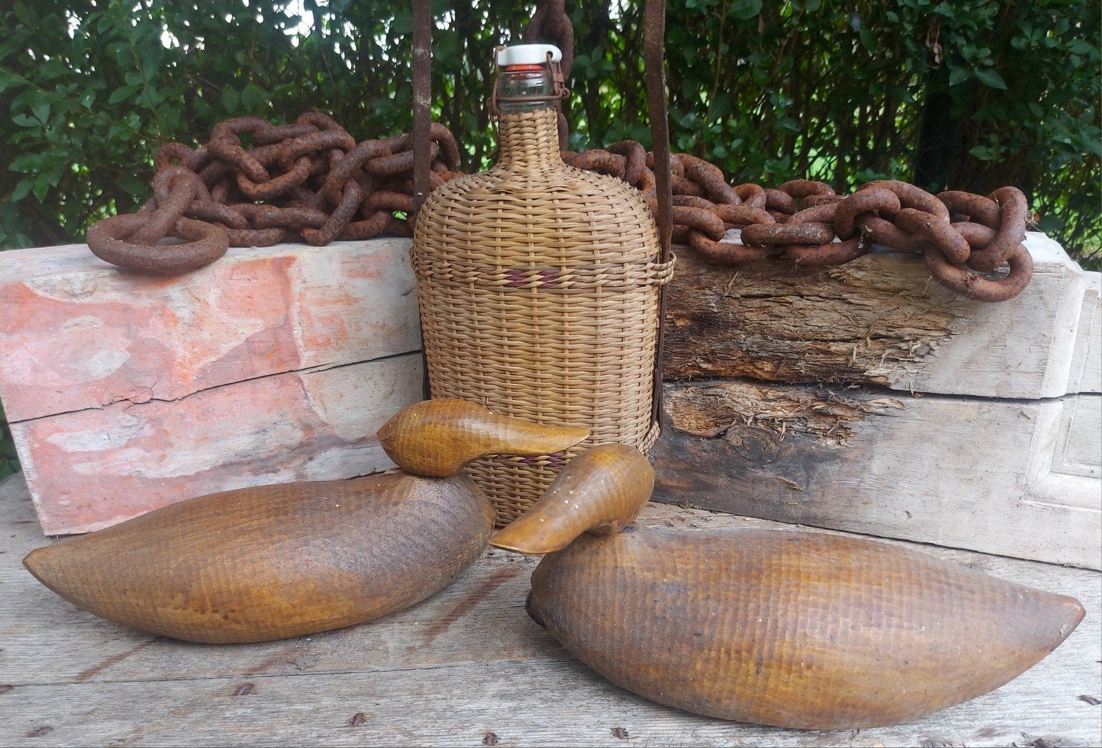 2 houten lokeenden en oude veldfles aan riem, Antiek en Kunst, Ophalen of Verzenden