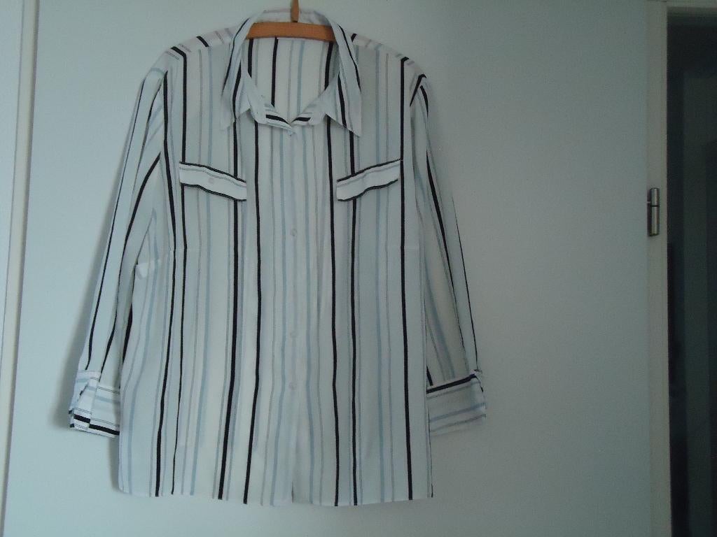 blouse mt 50 wit met zwarte en grijze strepen, Wit, Maat 46/48 (XL) of groter, Ophalen of Verzenden, Zo goed als nieuw