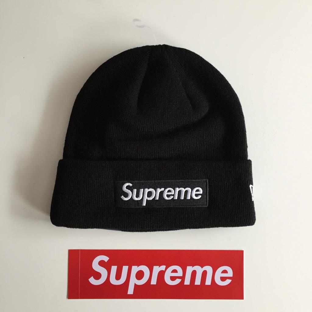 Zwarte Supreme beanie mutsje met box logo uit FW18, Ophalen of Verzenden, Nieuw, Overige maten, Muts