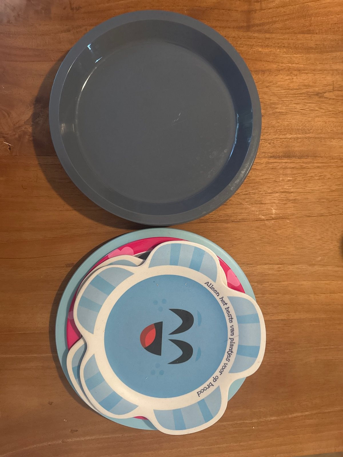 Plastic bordjes: 6x grijs, 4x kleurrijk, Huis en Inrichting, Ophalen, Gebruikt, Kunststof, Bord(en)