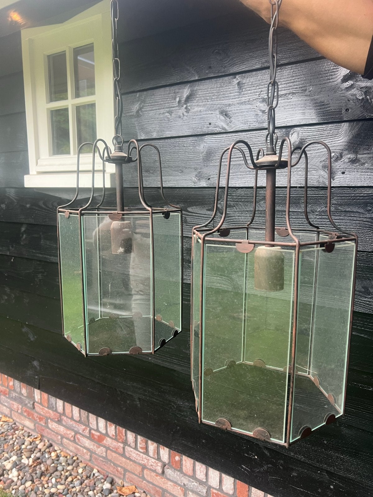 Set van 2 Glazen Hanglampen, Ophalen, Zo goed als nieuw, Glas, Landelijk