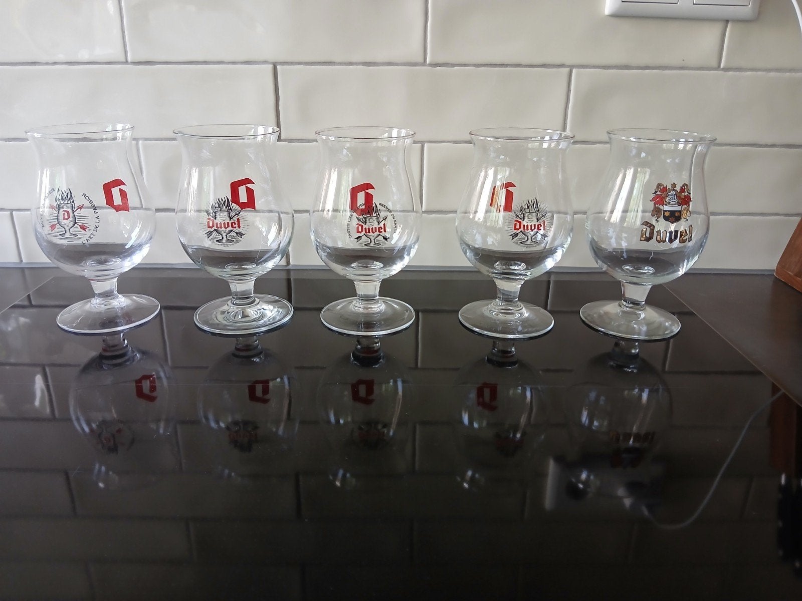 DUVEL bierglazen met rood Duvellogo (5), Ophalen of Verzenden, Zo goed als nieuw, Glas of Glazen, Duvel