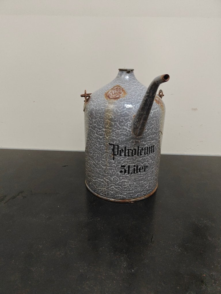 emaille petroleum kan, grijs gewolkt, Antiek en Kunst, Antiek | Emaille, Ophalen of Verzenden