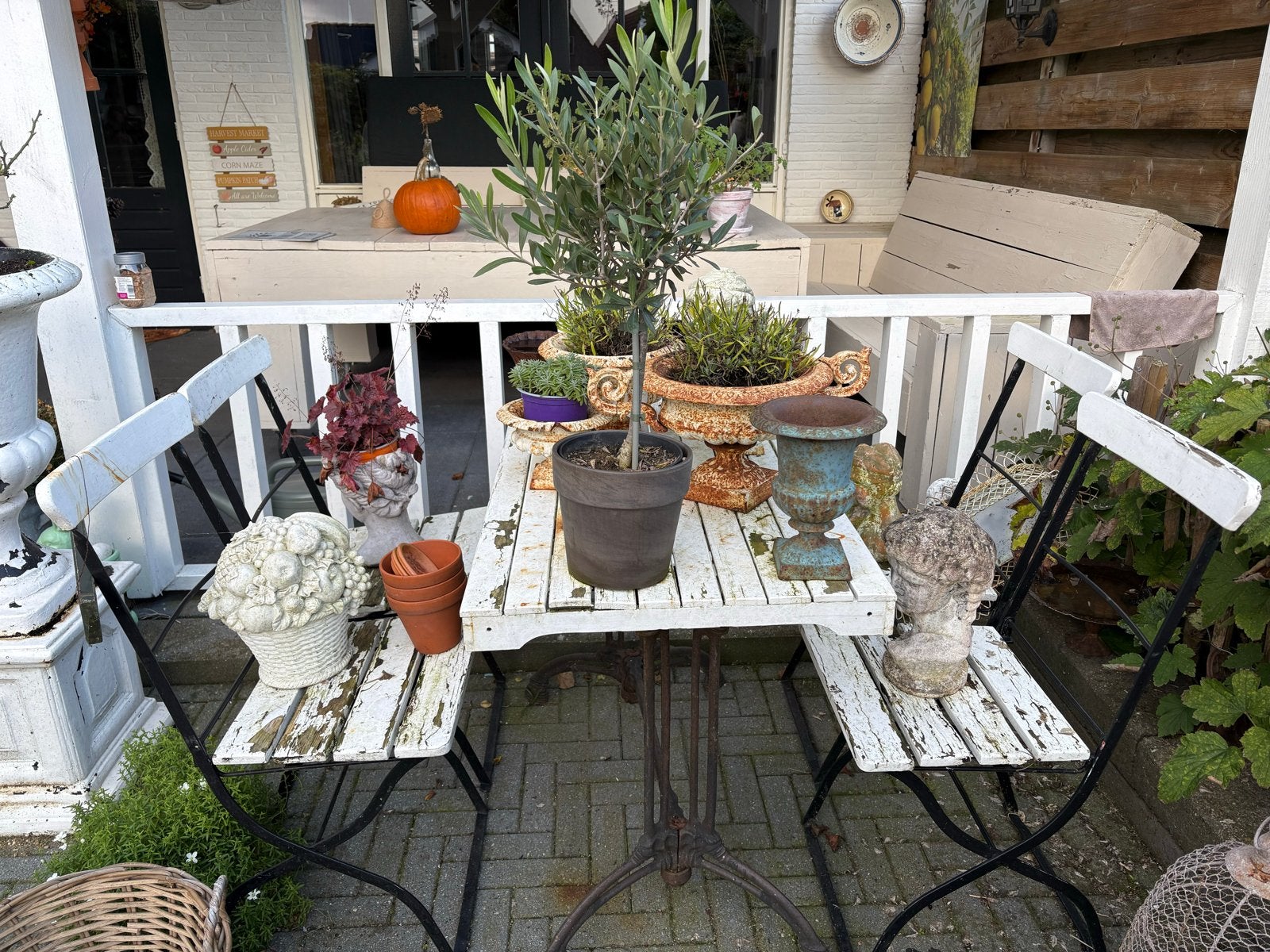 Brocante/franse bistro set: 2 stoelen en tafel, Ophalen, 4 zitplaatsen, Gebruikt, Eettafel