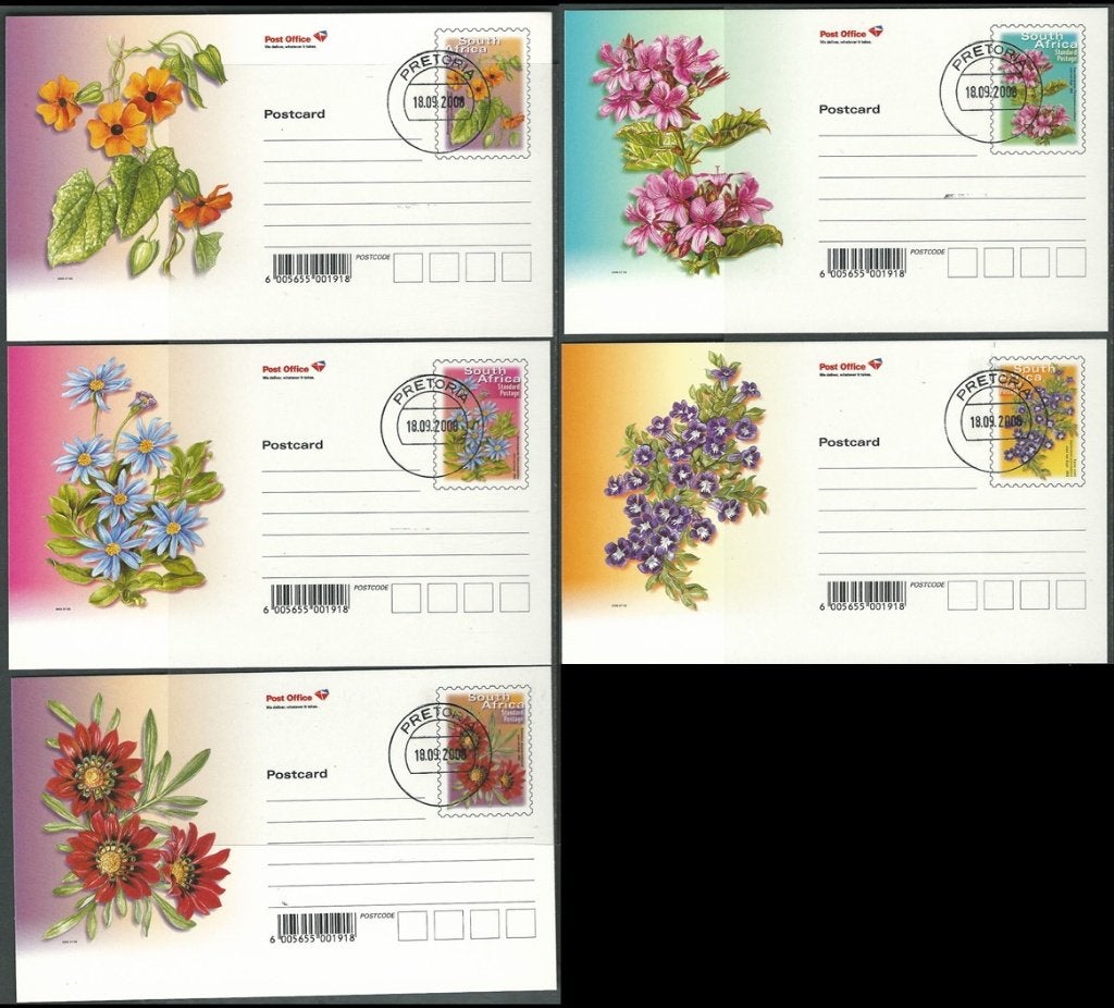 ZUID AFRIKA 2008 5x PP. Bloemen Postcards, FD., Verzenden, Gestempeld, Dier of Natuur