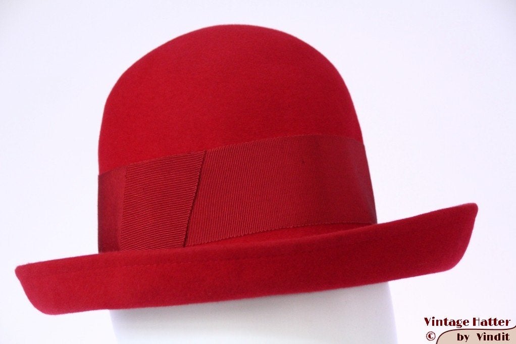 Vintage Dameshoed Fassbender rood vilt 55 = S tot XS, 55 cm (S, 6⅞ inch) of minder, Hoed, Ophalen of Verzenden, Gedragen