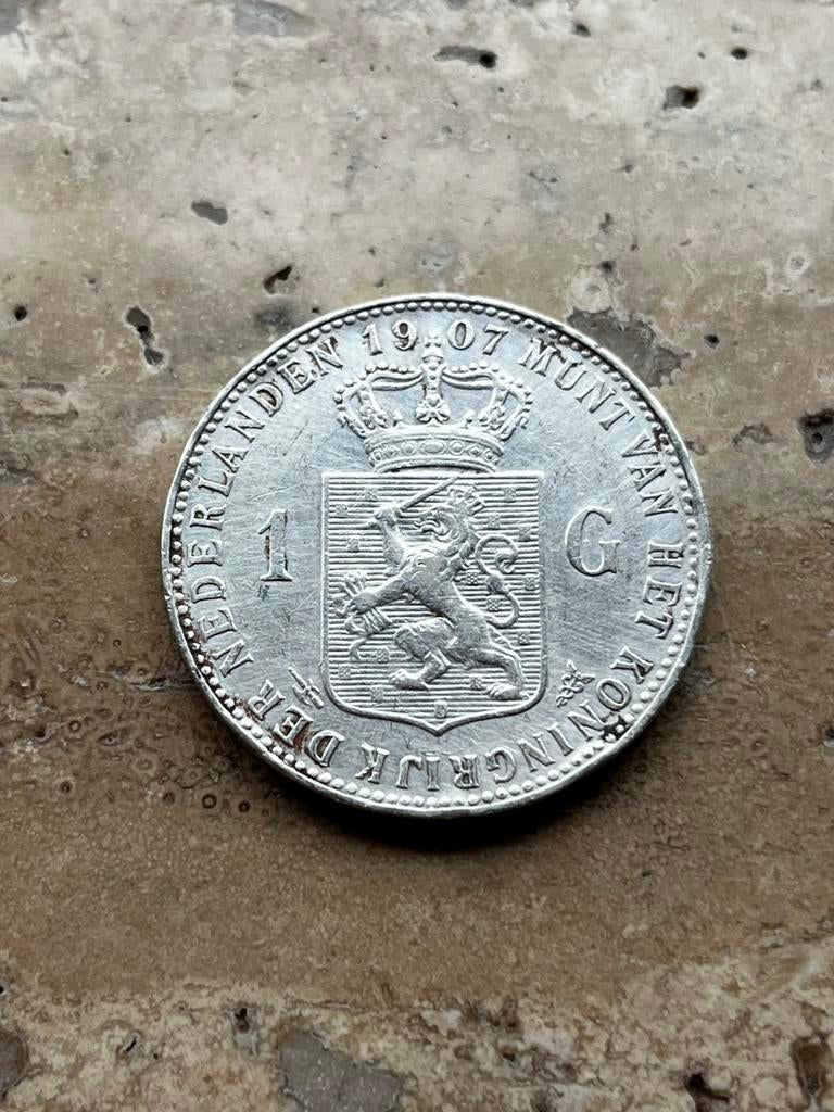 1 gulden 1907 Wilhelmina , zilver, mooie kwaliteit, Postzegels en Munten, Munten | Nederland, 1 gulden, Zilver, Ophalen of Verzenden