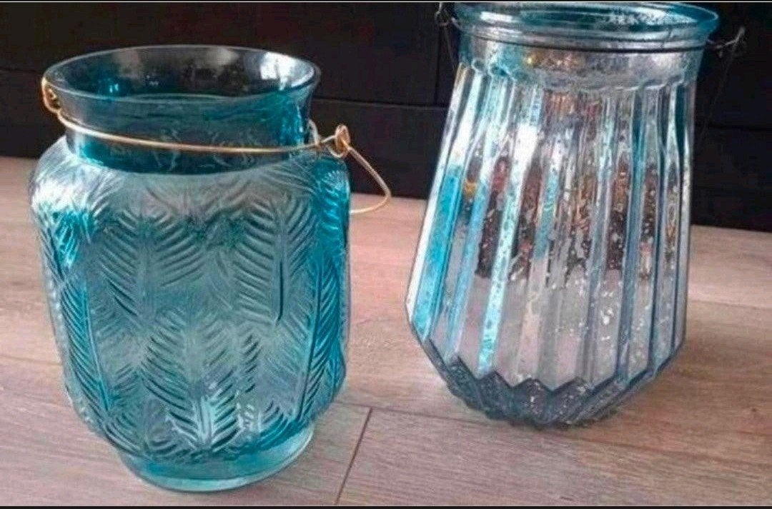 2 windlichten / vazen blauw, Huis en Inrichting, Ophalen of Verzenden, Blauw, Glas