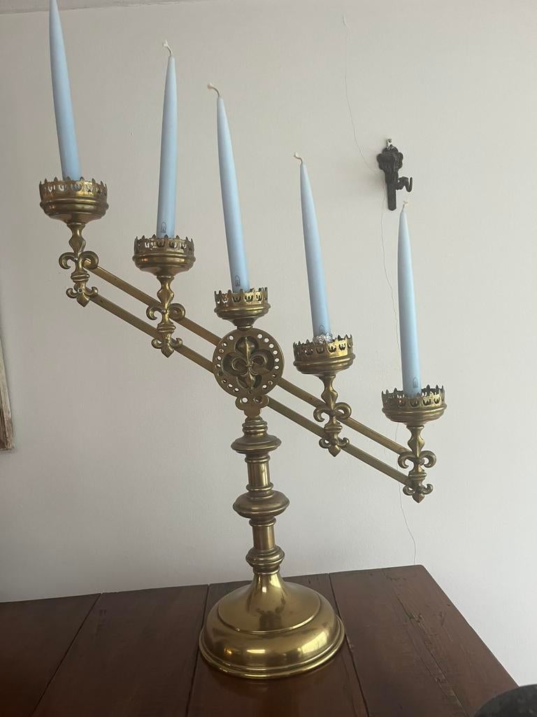 Antieke verstelbare kandelaar, Ophalen of Verzenden, Koper of Brons
