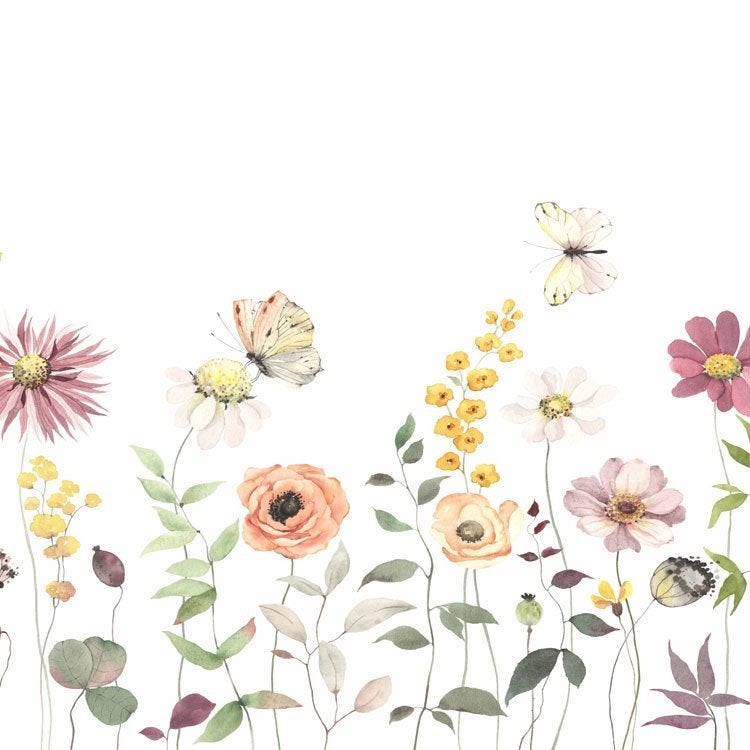 Wilde Bloemen fotobehang Vlinders, korenbloemen, Op maat, Ophalen of Verzenden, Fotobehang, Paars