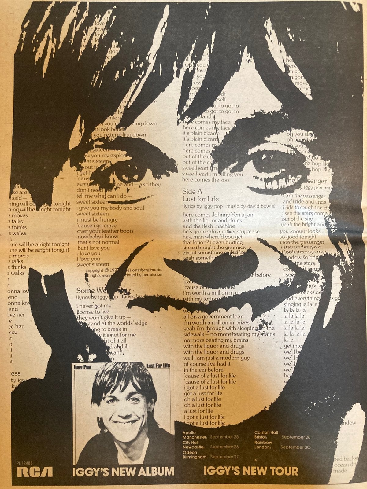 IGGY POP Lust For Life tour A3 advertentie, Ophalen of Verzenden, Zo goed als nieuw