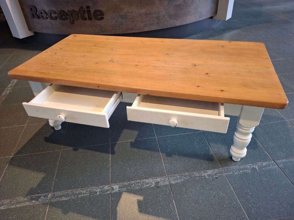 Massief Grenen Salontafel met 2 lades, Ophalen, Gebruikt, 100 tot 150 cm, 50 tot 100 cm