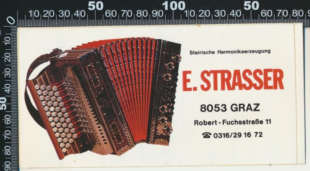 Sticker: Strasser Steirische Harmonikaerzeugung - Graz, Ophalen of Verzenden, Zo goed als nieuw, Bedrijf of Vereniging