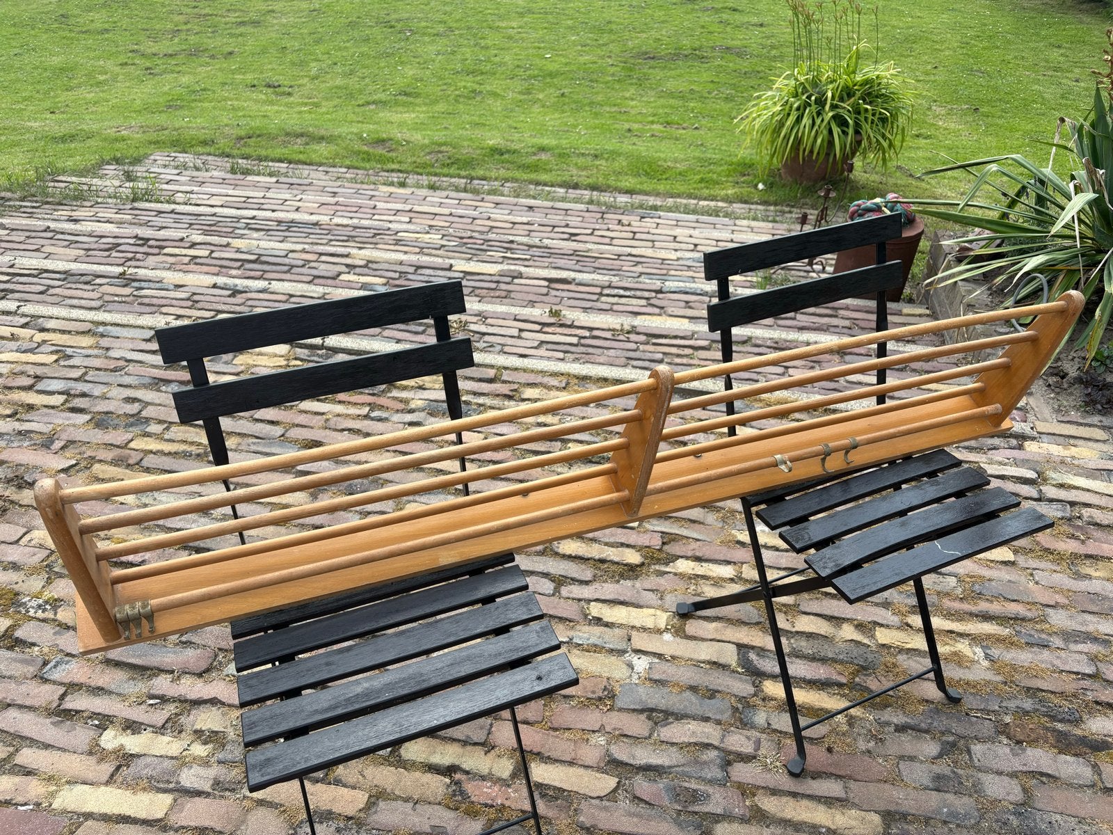 Vintage houten kapstok met messing haken, Gebruikt, Minder dan 100 cm, Hout, Ophalen