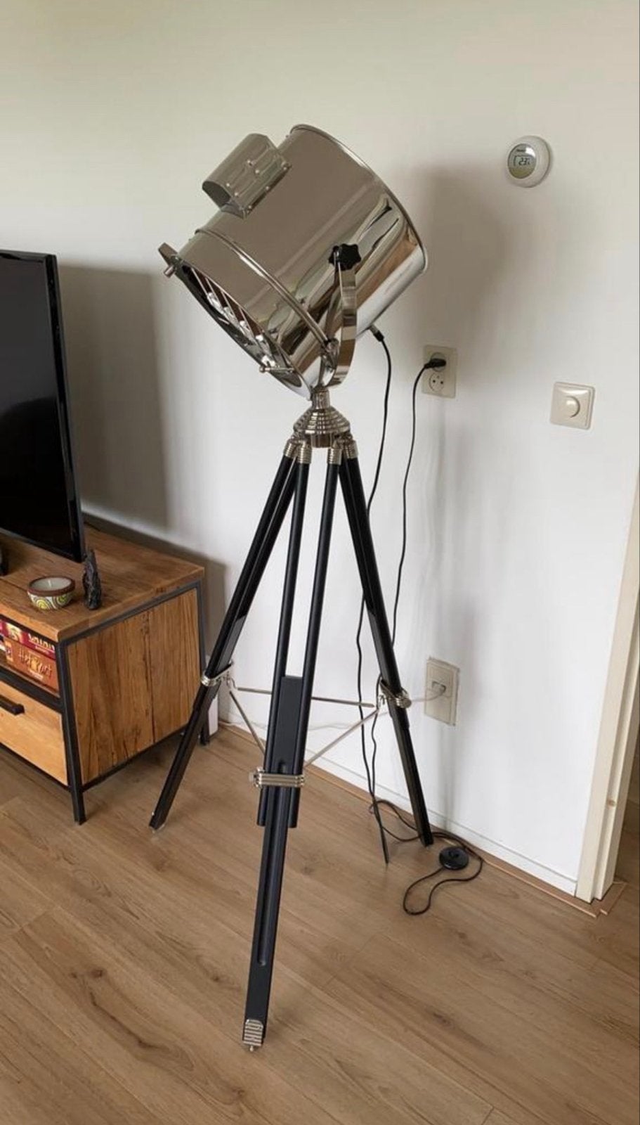 Stijlvolle Studio Spot Lamp op Statief - Chroom/Zwart, Ophalen, E27 (groot), Zo goed als nieuw, Metaal