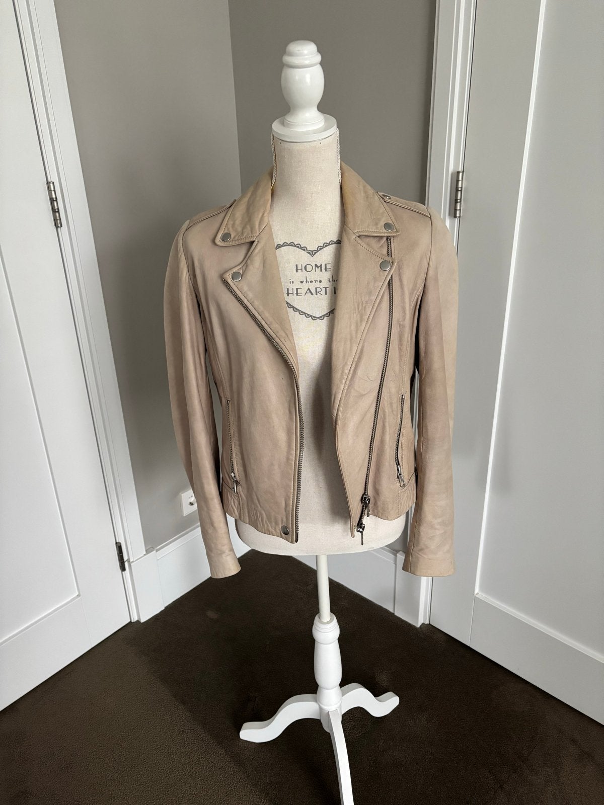 Stijlvol beige leren bikerjack - Maat S, Ophalen of Verzenden, Zo goed als nieuw, Maat 36 (S), Beige