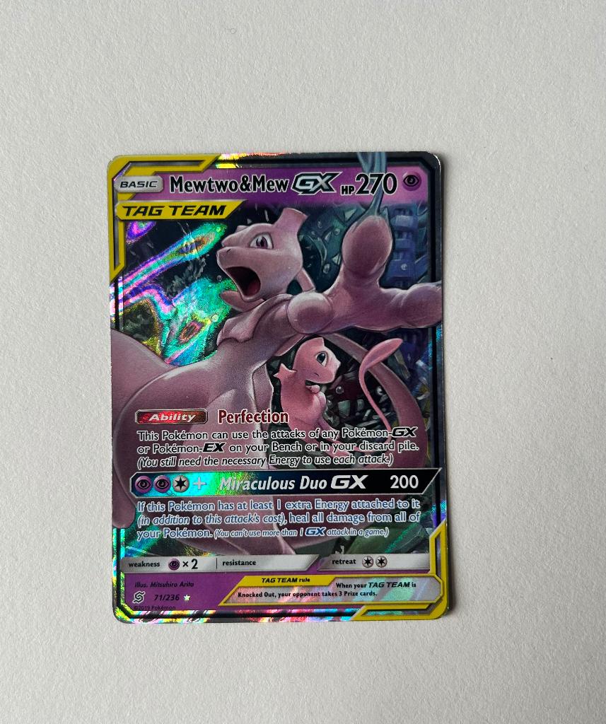 Pokemon kaart Mewtwo & Mew GX TAG TEAM, Ophalen of Verzenden, Zo goed als nieuw, Losse kaart
