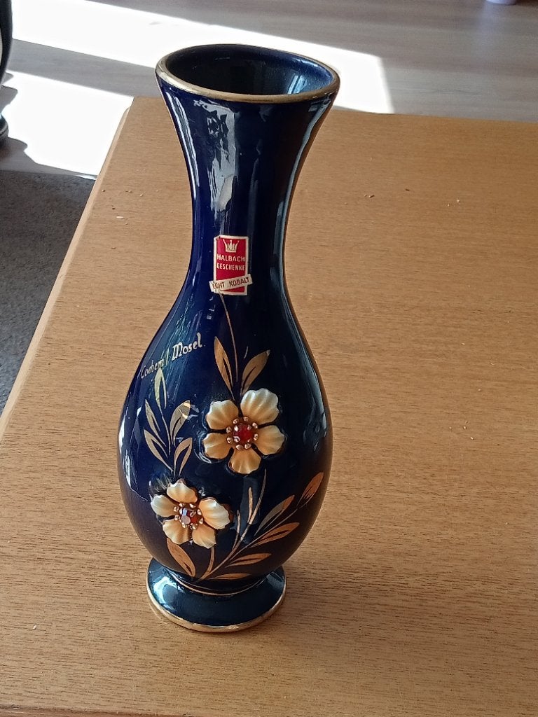 Kobaltblauwe vaas met bloemmotief - Halbach Geschenke, Ophalen, Zo goed als nieuw, 20 cm, Steen/keramiek