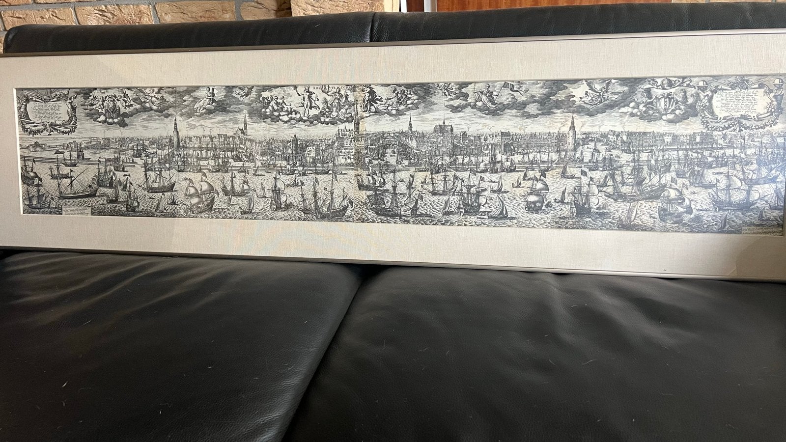 Antieke Ets Stadsgezicht met Haven en Schepen, Antiek en Kunst, Ophalen, Ingelijst, Ets, Stadsgezicht