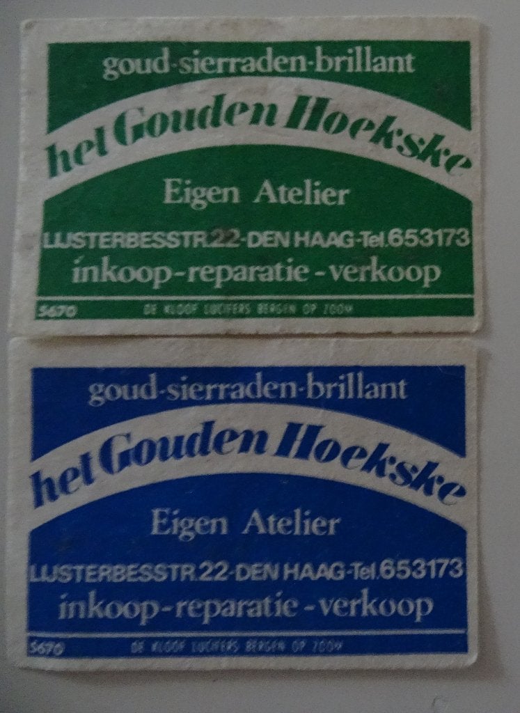 HET GOUDEN HOEKSKE  goud sieraden brillant     DEN HAAG, Ophalen of Verzenden, Gebruikt, Luciferdoosjes of -merken