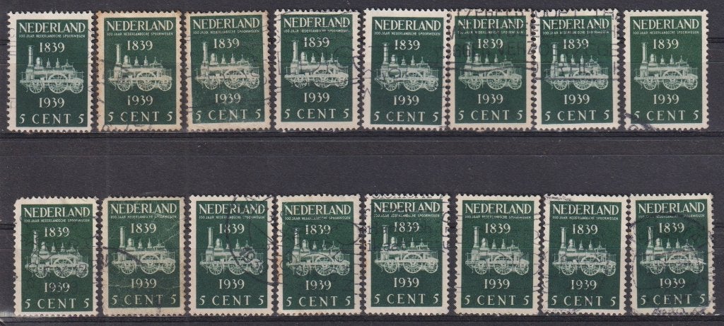 Nederland 1939 nr. 325 Spoorwegen 100 jr. Trein 16x, Verzenden, Gestempeld, Treinen