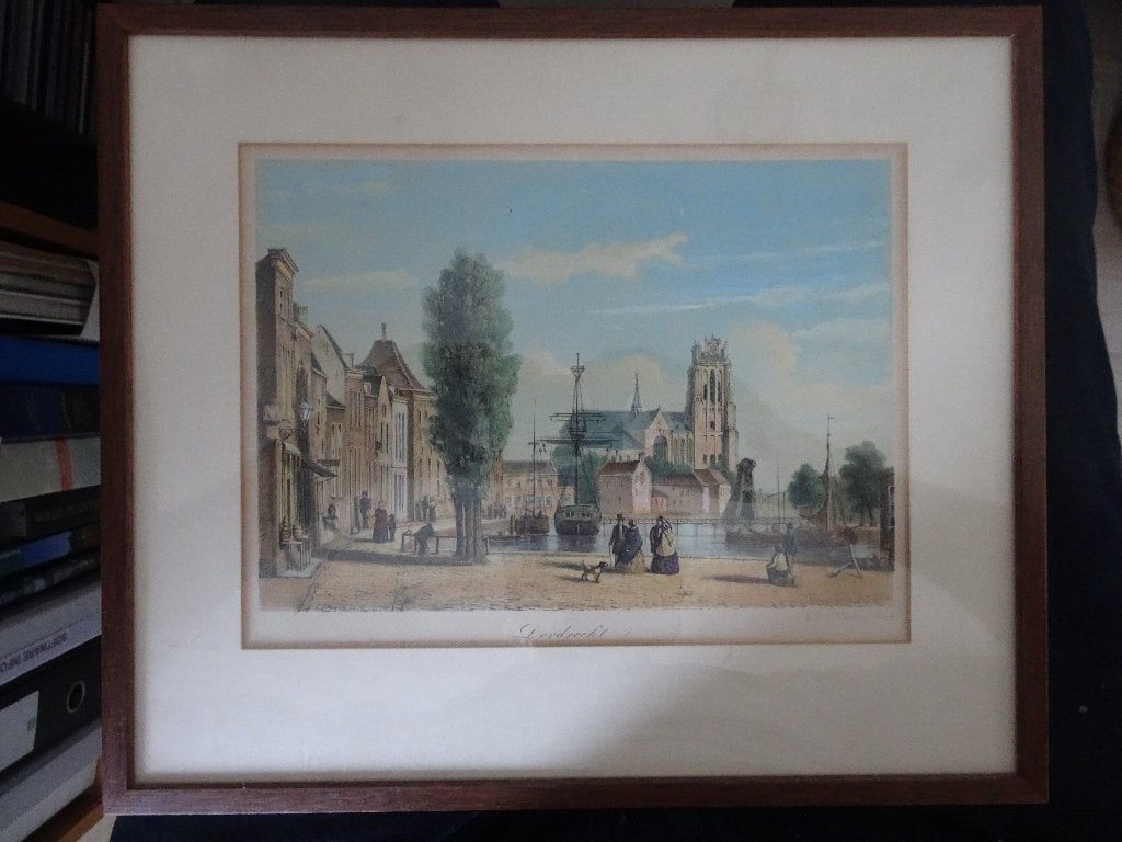 Litho (?) Dordrecht: zicht op de Grote Kerk, Ophalen of Verzenden
