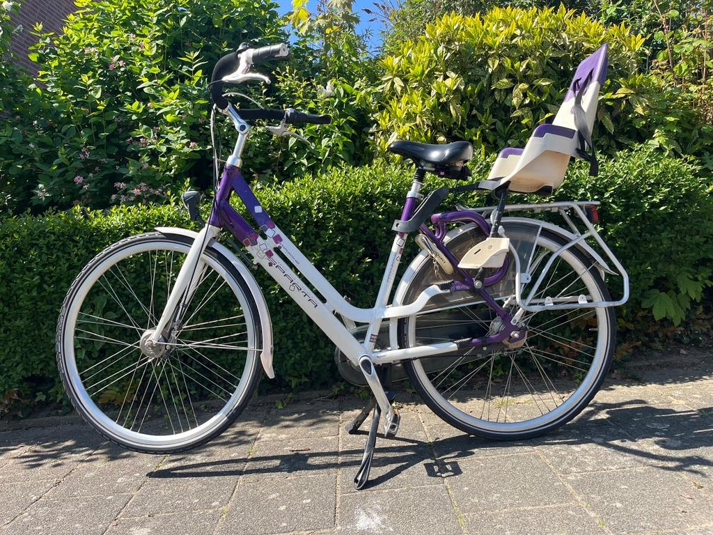 Sparta moederfiets met kinderzitje, Fietsen en Brommers, Fietsen | Dames | Moederfietsen, Sparta, 53 tot 56 cm, Velgrem, Dubbele standaard