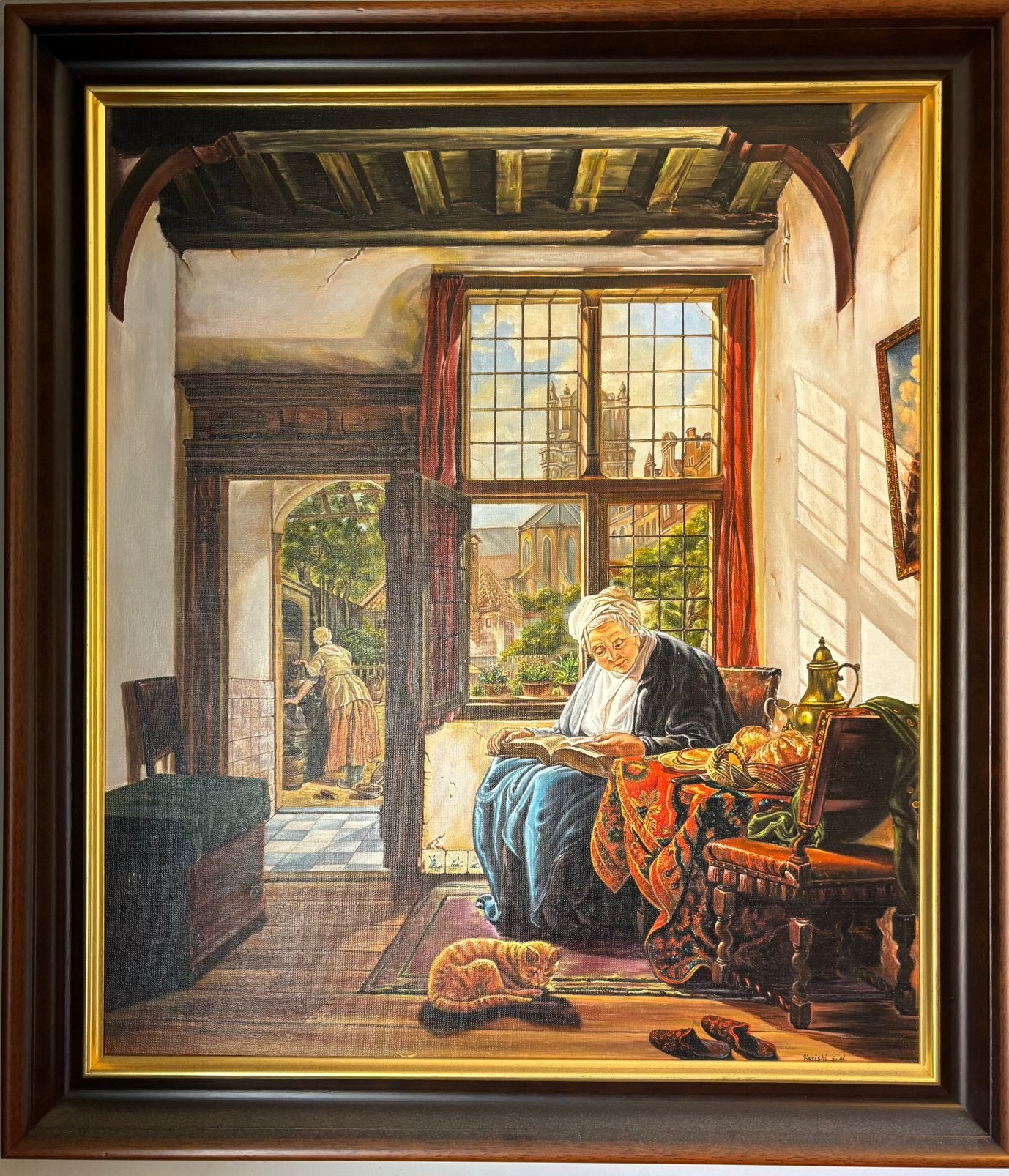 Olieverfschilderij: Vrouw leest bij raam met kat - 60 x 80 c, Antiek en Kunst, Kunst | Schilderijen | Klassiek, Ophalen