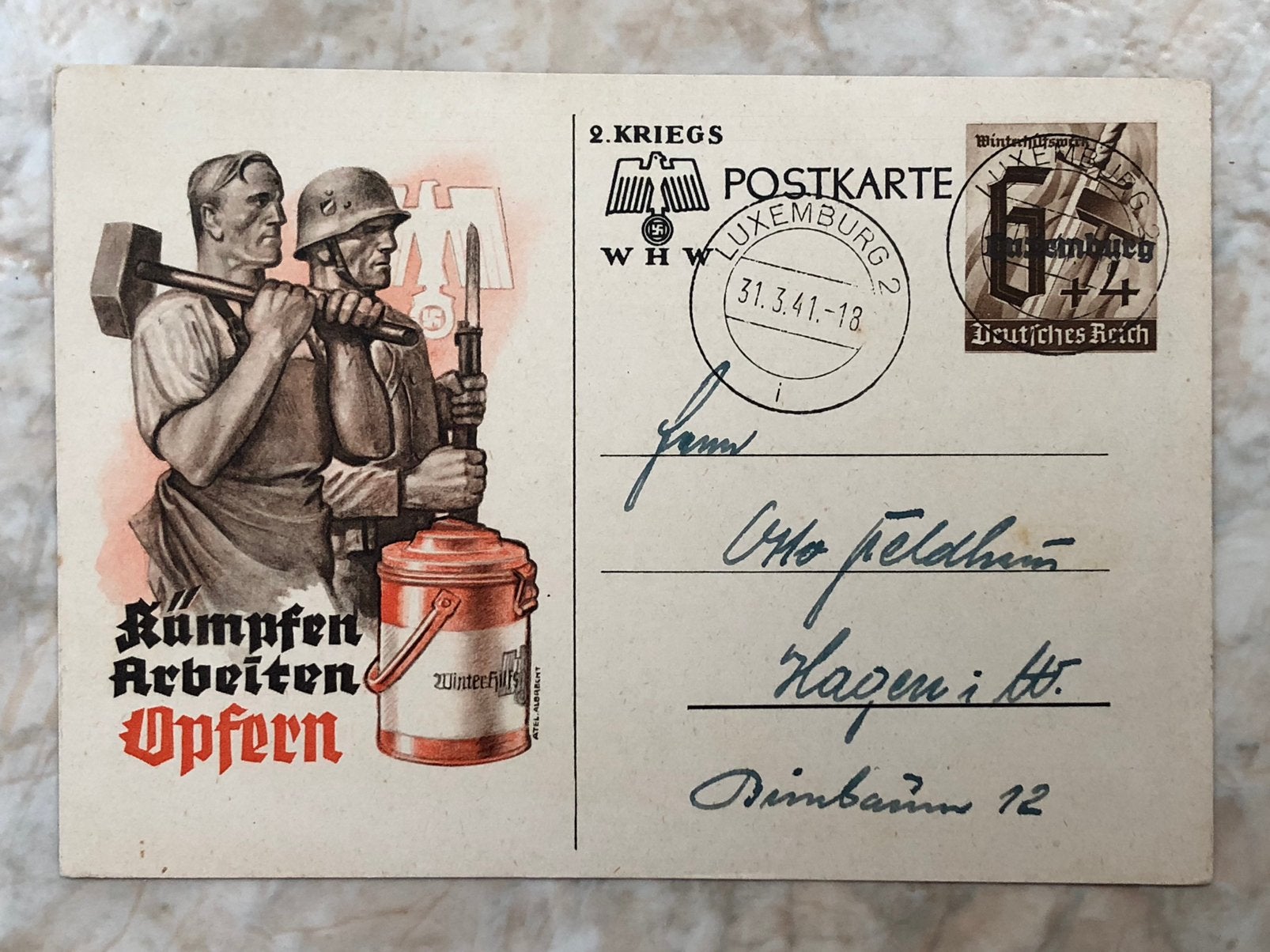 Postkaart, gestempeld Luxemburg 31.3.41., Ophalen of Verzenden, Briefkaart