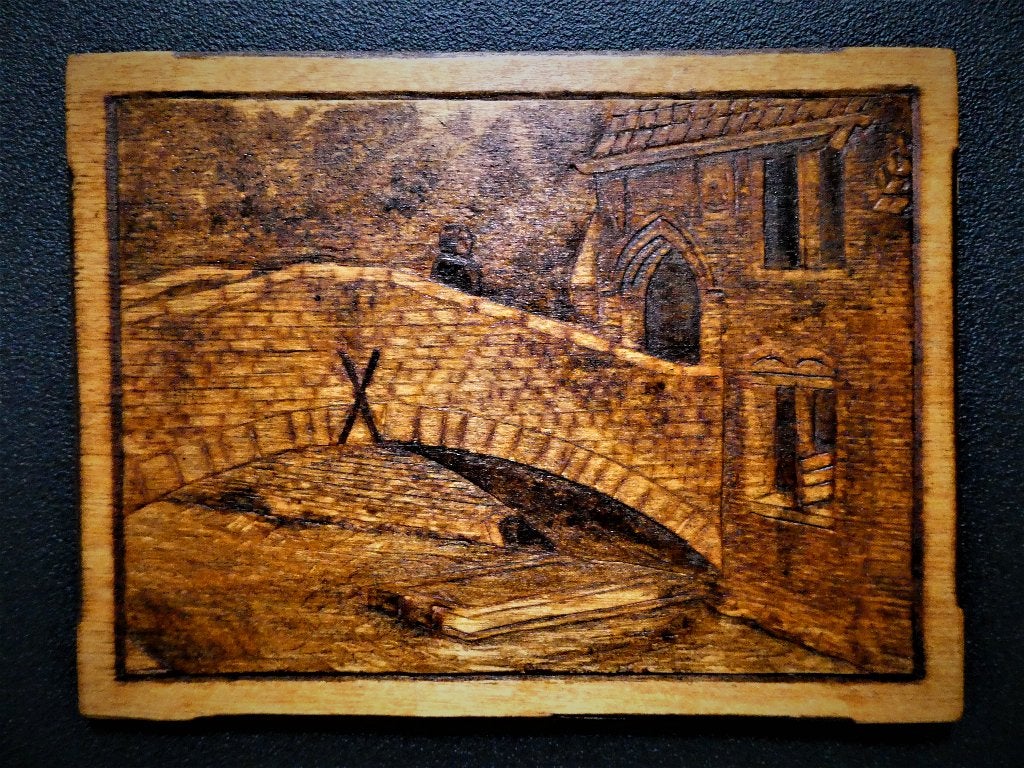 3 Oude pyrografie hout gebrande lijstjes van Brugge België, Ophalen of Verzenden
