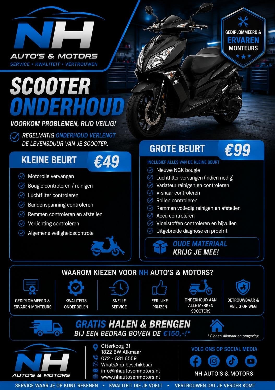 Scooter Onderhoud: Kleine of Grote Beurt bij NH Auto's, Ophalen, Nieuw, Overige typen, Overige merken