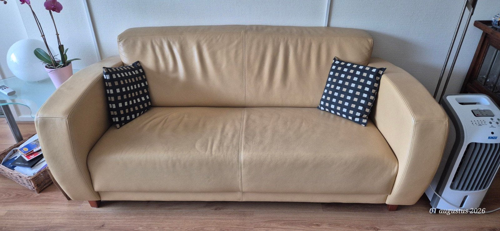 Comfortabele 2,5-zitsbank van leer - geel, Huis en Inrichting, Banken | Bankstellen, Ophalen, Gebruikt, Minder dan 75 cm, 150 tot 200 cm