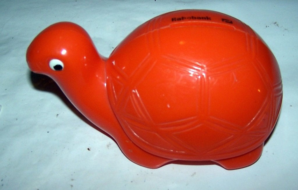 Vintage spaarpot oranje schildpad Rabobank. Izgs., Verzamelen, Ophalen of Verzenden, Zo goed als nieuw, Kunststof, Dier