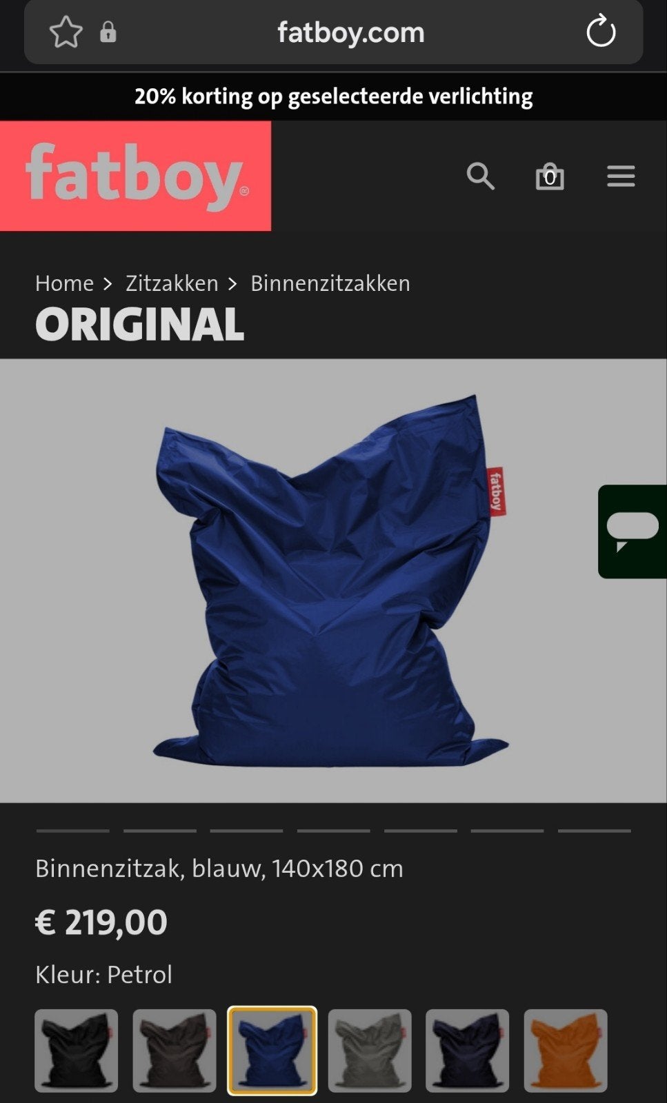 Fatboy Original Zitzak - Petrol Blauw, Ophalen, Zo goed als nieuw, Blauw, Zitzak