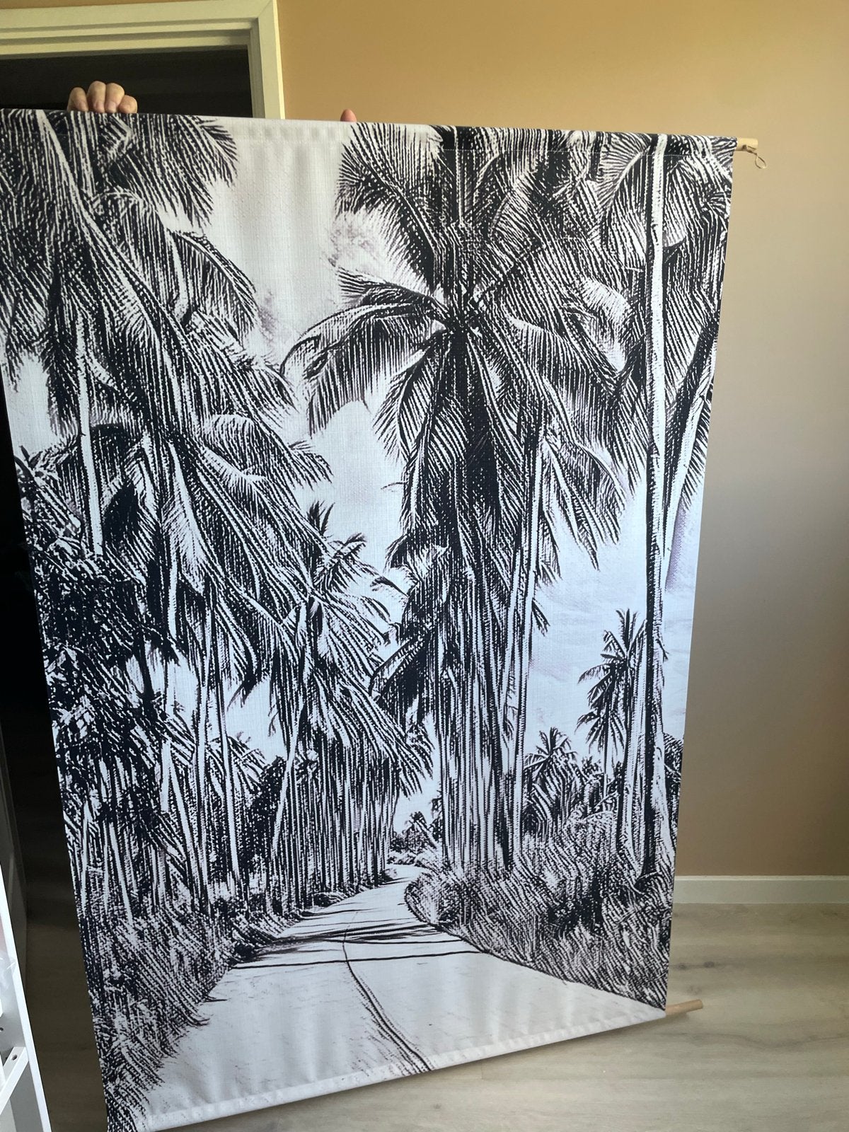 Wandkleed Palmbomen Zwart-Wit 178x115cm, Huis en Inrichting, Woonaccessoires | Wanddecoraties, Ophalen, Gebruikt, Zwart, Met ophangsysteem