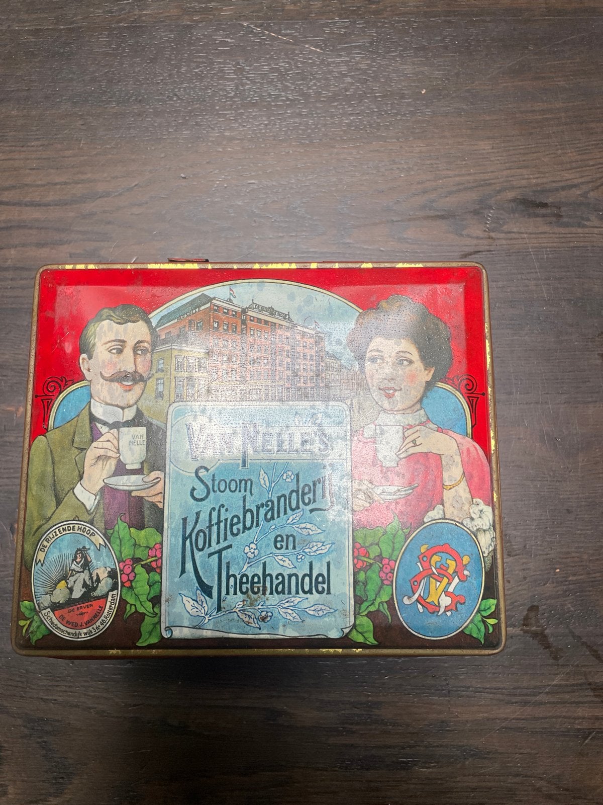 Vintage Van Nelle's Koffie Thee Blik - Stoom Koffiebranderij, Ophalen of Verzenden, Gebruikt, Koffie, Van Nelle
