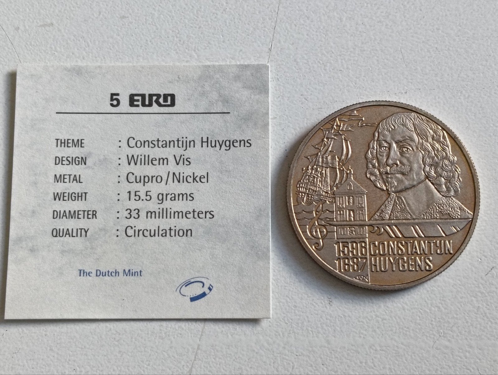 5 Euro Constantijn Huygens munt - Koninkrijk der Nederlanden, Ophalen of Verzenden, Koningin Beatrix, Euro's, Losse munt