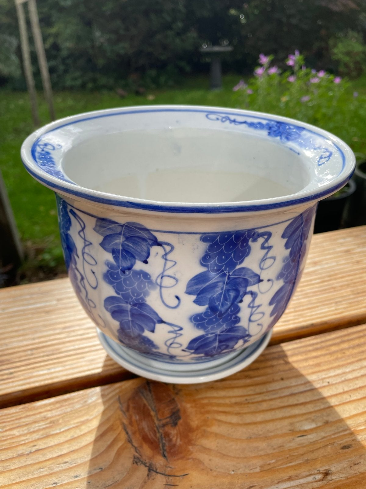 Vintage Bloempot met Schotel - Blauw/Wit Druivenmotief, Ophalen, Gebruikt, Rond, Binnen