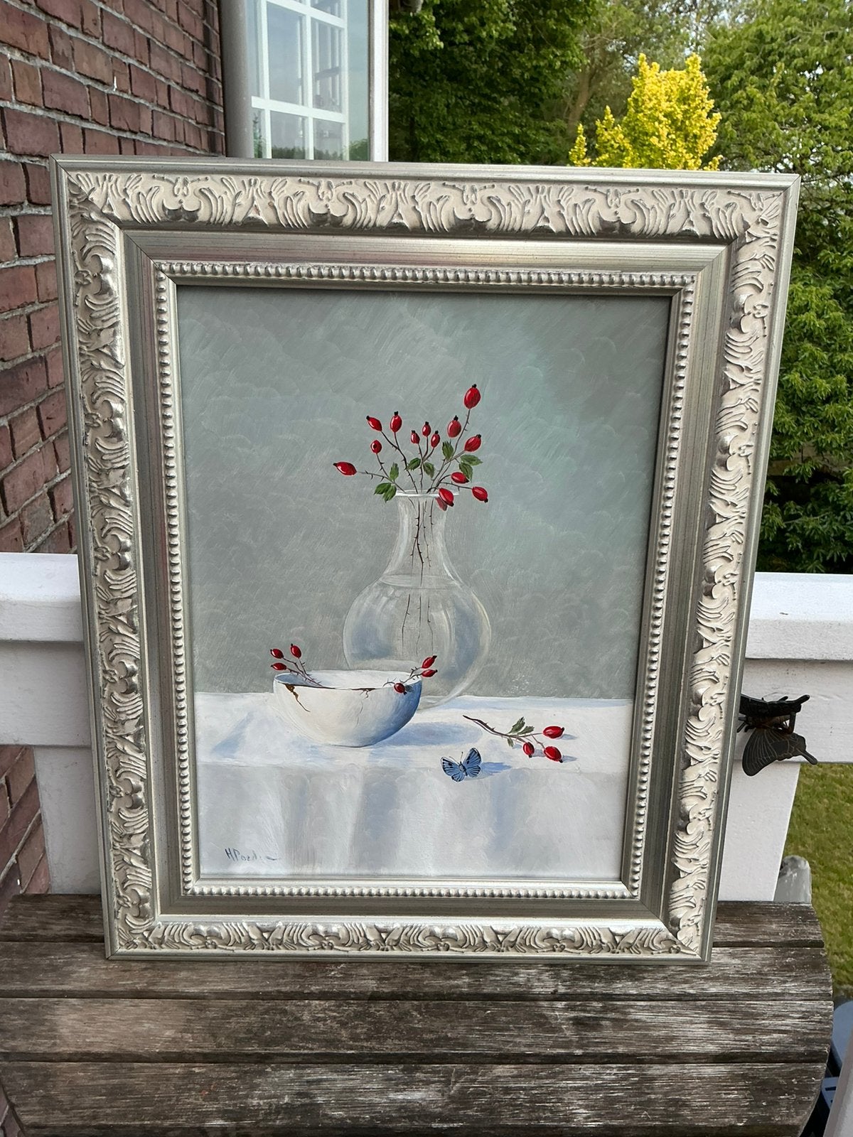 Schilderij v kunstschilder Henk Poeder. Rozenbottels in glas, Antiek en Kunst, Ophalen