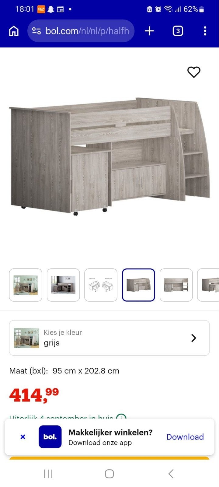 Halfhoogslaper Beau grijs met bureau en opbergruimte, 85 tot 100 cm, Gebruikt, Ophalen of Verzenden, 180 cm of meer