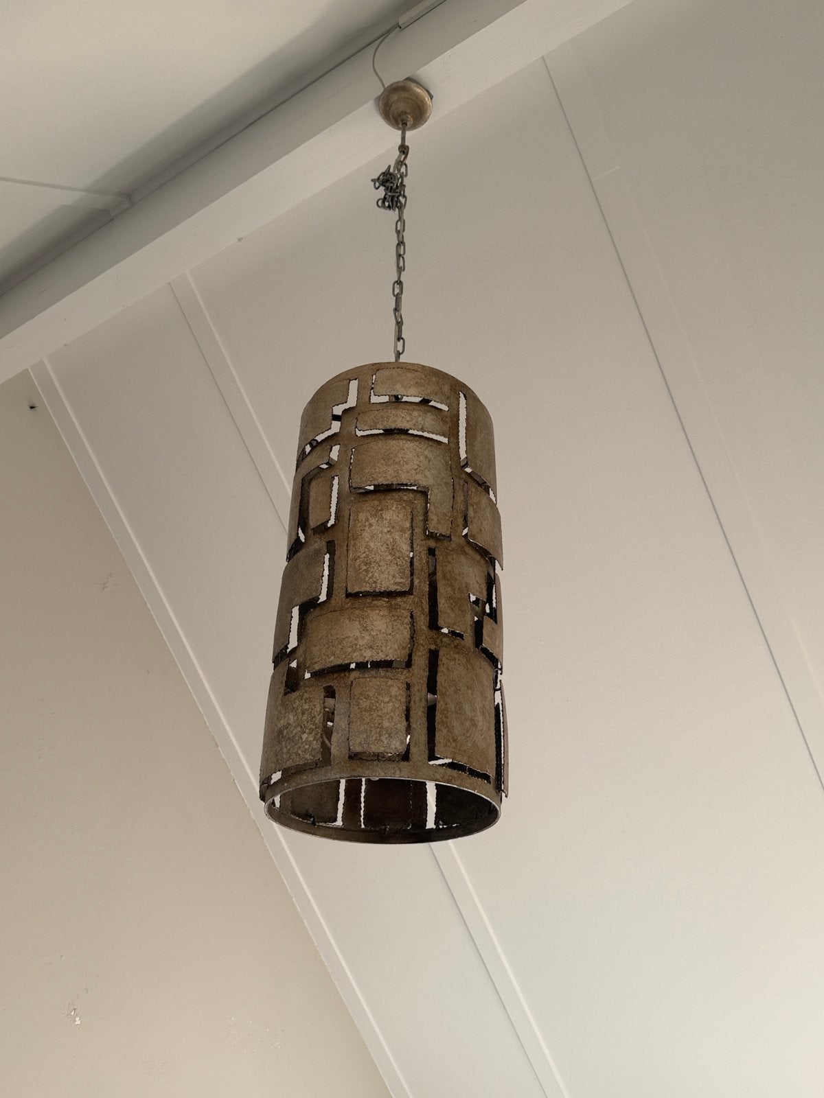 Unieke vintage hanglamp - metaal met abstract patroon, Ophalen, Gebruikt, Metaal, E27 (groot)