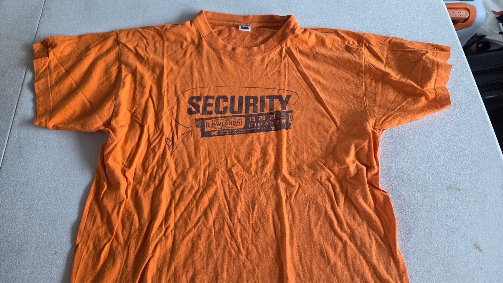 Lowlands 2005 Security T-shirt Oranje Maat XL, Logo Star, Verzenden, Maat 56/58 (XL), Oranje
