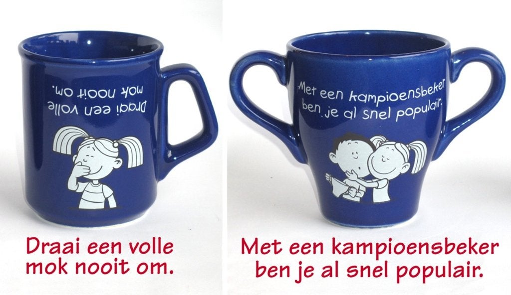 Blue Band Vintage 2 Mokken Aardewerk Humor Samen € 7,50, Verzamelen, Ophalen of Verzenden, Nieuw, Gebruiksvoorwerp